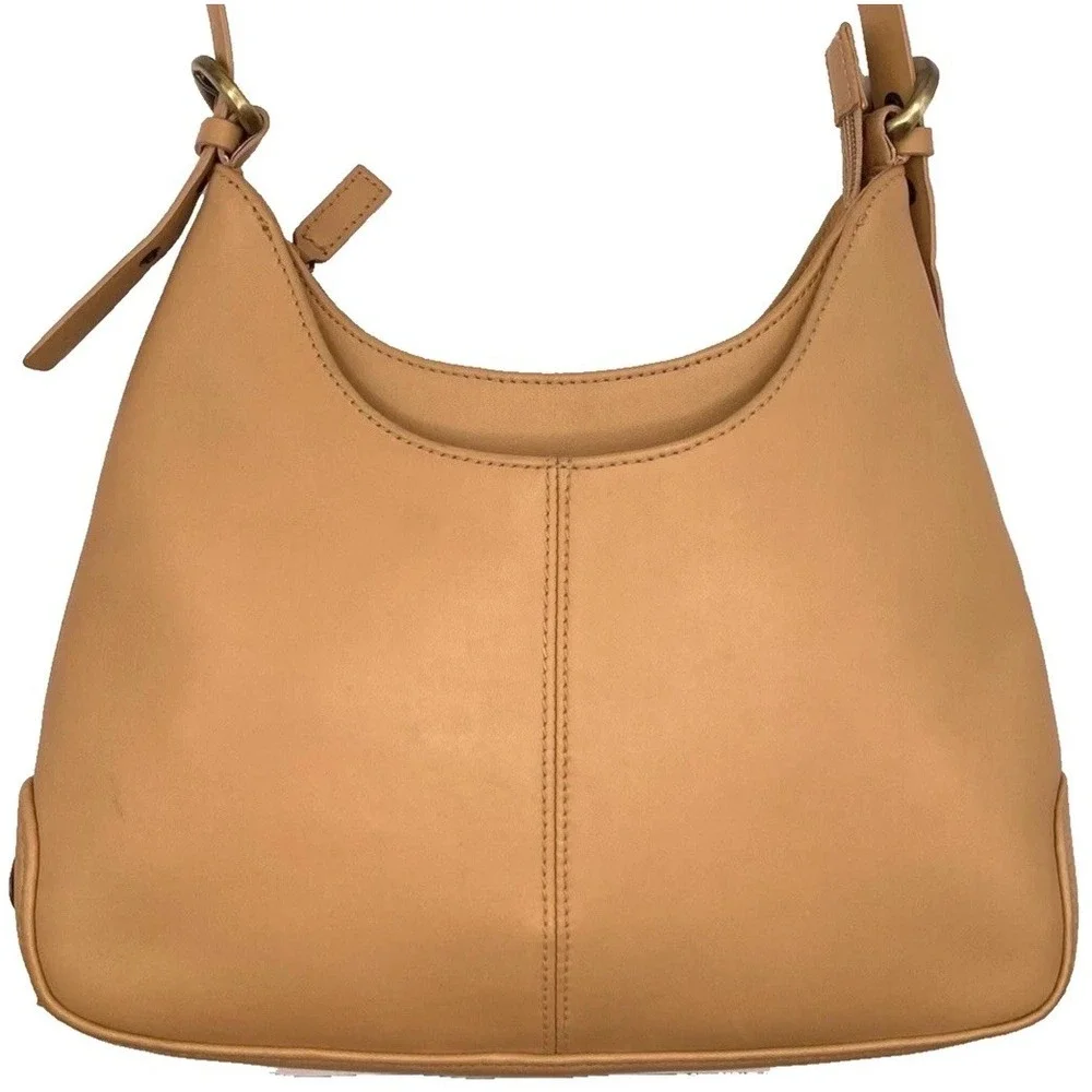 Vintage Etienne Aigner Camel Leather Hobo Bag Gold Plaque Quiet Luxury Preppy